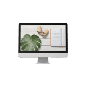 Christian Devotional Desktop Wallpaper for New Parents – 4K Baby Shoes, Journal, and Monstera Leaf on White Wood Digital Download