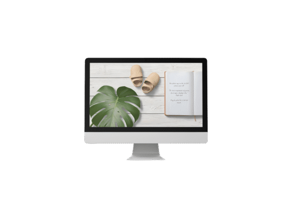 Christian Devotional Desktop Wallpaper for New Parents – 4K Baby Shoes, Journal, and Monstera Leaf on White Wood Digital Download