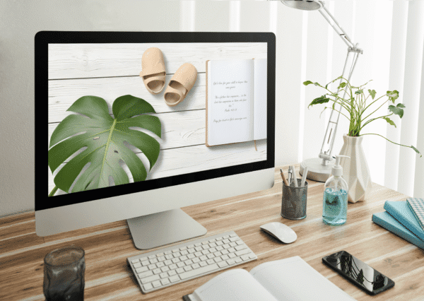 Christian Devotional Desktop Wallpaper for New Parents – 4K Baby Shoes, Journal, and Monstera Leaf on White Wood Digital Download - Image 3