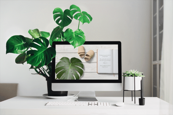 Christian Devotional Desktop Wallpaper for New Parents – 4K Baby Shoes, Journal, and Monstera Leaf on White Wood Digital Download - Image 2