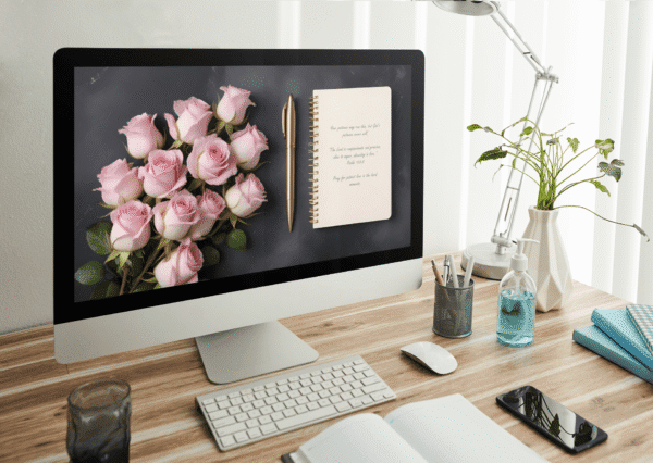 Christian Devotional Desktop Wallpaper – 4K Pink Roses and Open Journal on Black Stone Digital Download - Image 3