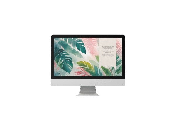 Christian Devotional Desktop Wallpaper for New Parents – 4K Watercolor Tropical Design with Canvas Brush Stroke Digital Download