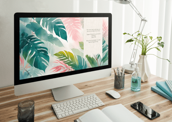 Christian Devotional Desktop Wallpaper for New Parents – 4K Watercolor Tropical Design with Canvas Brush Stroke Digital Download - Image 3