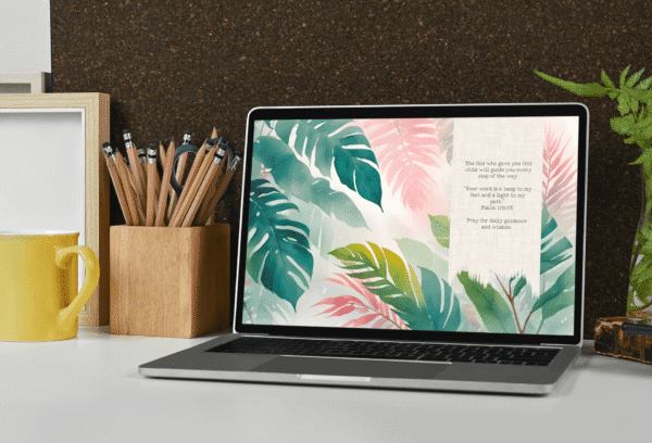 Christian Devotional Desktop Wallpaper for New Parents – 4K Watercolor Tropical Design with Canvas Brush Stroke Digital Download - Image 4