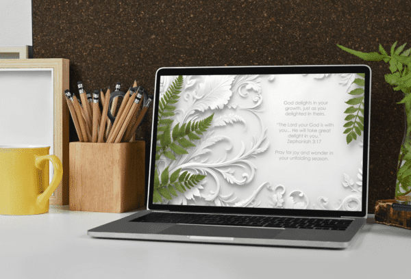 30-Day Auto Changing Christian Devotional Desktop Wallpaper – Empty Nest Support – 4K Royal Pattern with Green Leaves Digital Download - Image 4