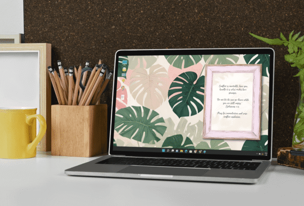 30 Day Auto Changing Devotional Desktop Wallpaper Pack for Getting Married — Tropical Watercolor Leaves with Wooden Frame 4K Backgrounds - Image 4