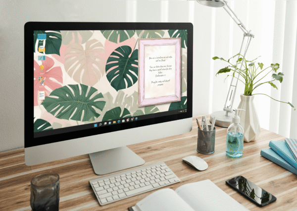 30 Day Auto Changing Devotional Desktop Wallpaper Pack for Getting Married — Tropical Watercolor Leaves with Wooden Frame 4K Backgrounds - Image 3
