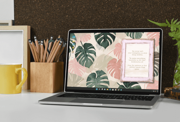 30 Day Auto Changing Devotional Desktop Wallpaper Pack for Grieving a Loss — Tropical Watercolor Monstera Leaves with Wooden Frame 4K Backgrounds - Image 4