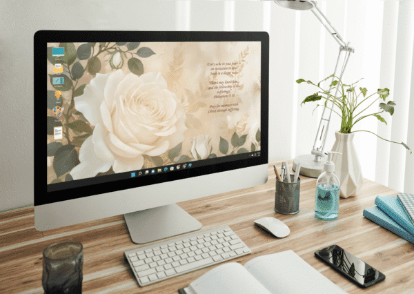 30 Day Auto Changing Devotional Desktop Wallpaper Pack for Grieving a Loss — Vintage Rose White on Tan Patterned Background 4K - Image 3