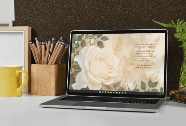 30 Day Auto Changing Devotional Desktop Wallpaper Pack for Grieving a Loss — Vintage Rose White on Tan Patterned Background 4K - Image 4