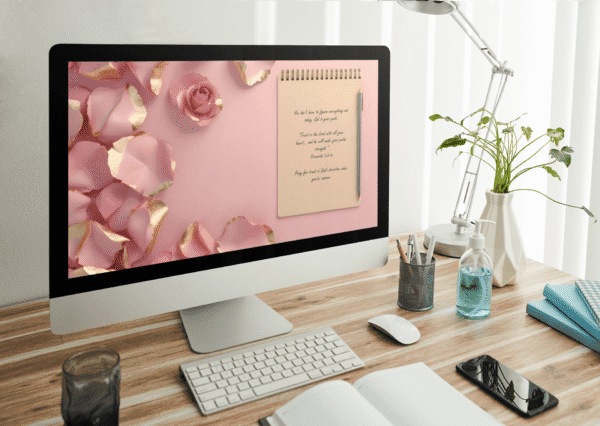 30 Day Auto Changing Christian Devotional Desktop Wallpaper – Starting College or University – 4K Gold and Pink Petals with Notebook Digital Download - Image 3