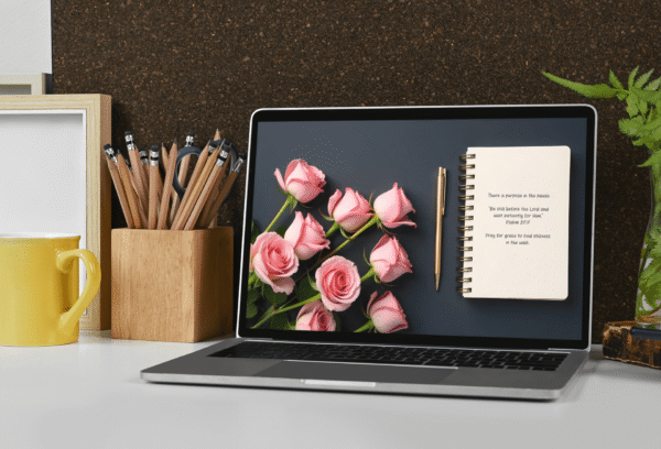 30 Day Auto Changing Christian Devotional 4K Wallpapers – Trusting God’s Timing with Notepad and Roses - Image 4
